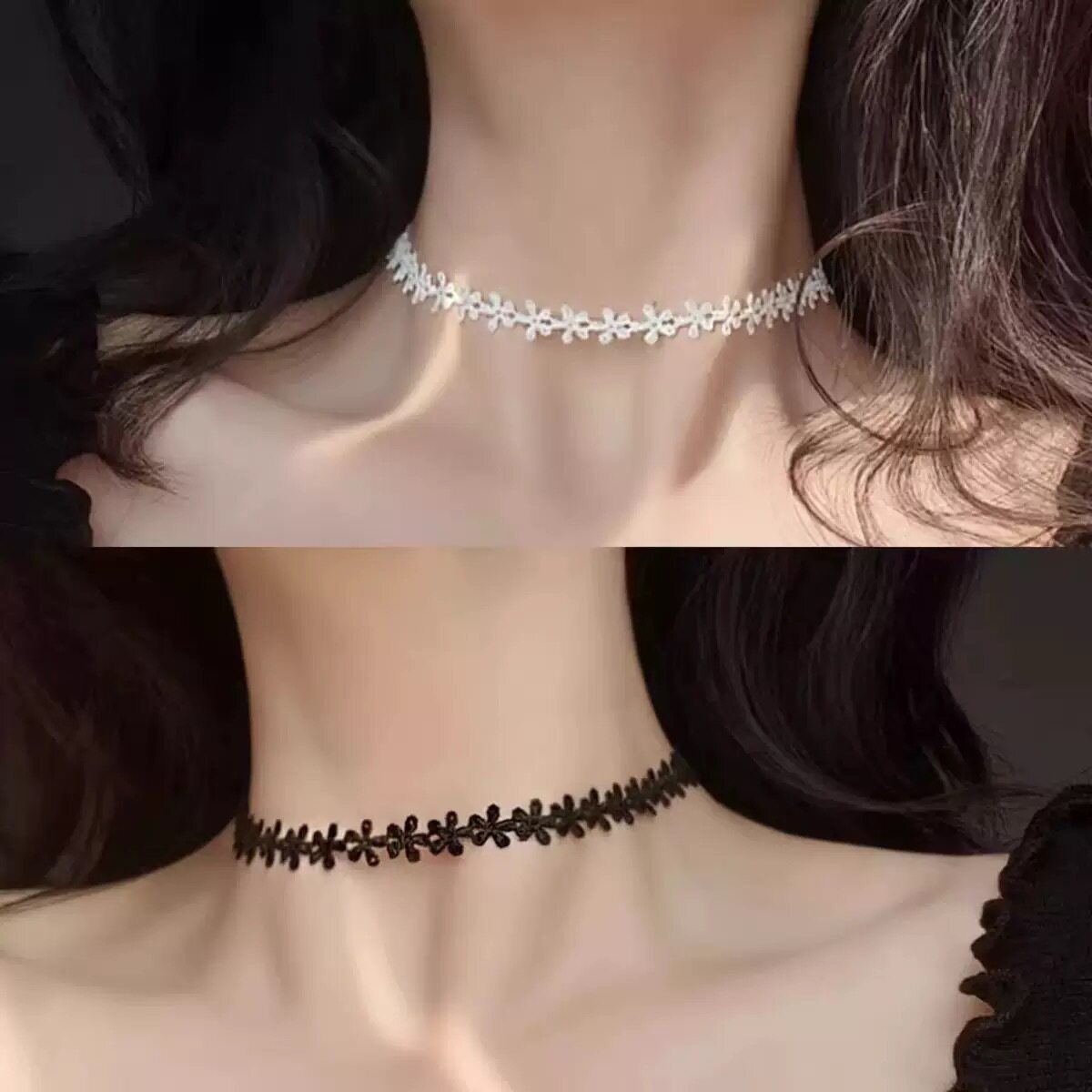 气质少女小花朵蕾丝choker颈链女黑色白色简约百搭短款锁骨链项圈