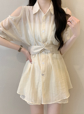 大码女装夏季宽松显瘦露肩收腰冰丝衬衫微胖mm阔腿休闲短裤两件套