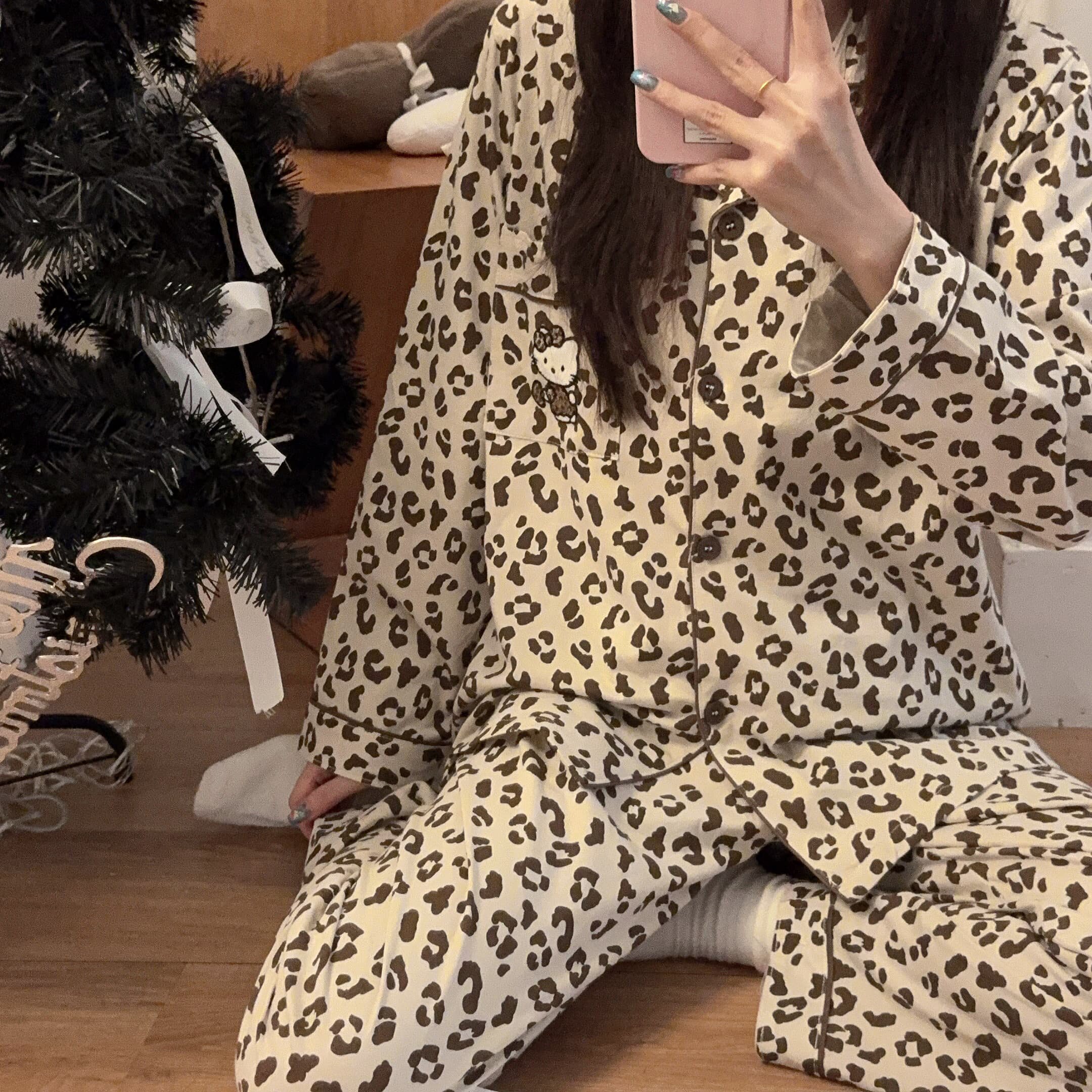 韩国凯蒂猫豹纹HelloKitty睡衣女秋季纯棉长袖ins可爱家居服套装