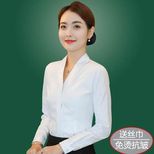 白衬衫女无领工作服空乘面试制服职业装夏季v领衬衣南航空姐上衣