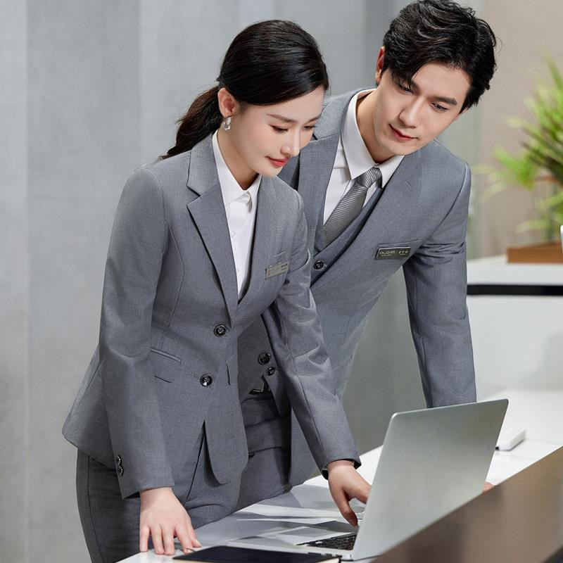灰色商务职业男女同款西服三件套正装银行别克4S工作服销售楼马甲
