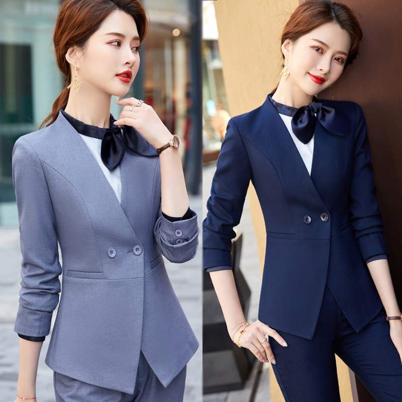 灰色职业套装女上班气质经理售楼部空姐制服无领西装美容院工作服