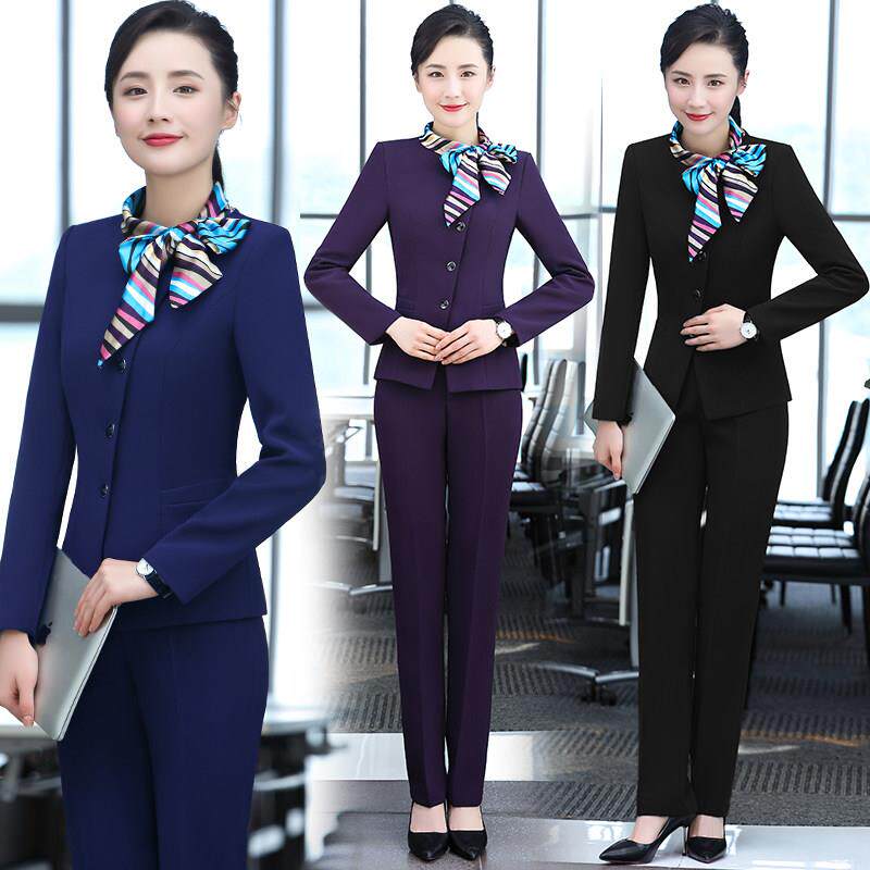 空姐风格职业西装套装 黑色秋冬长袖酒店女装制服 搭配丝巾领设计
