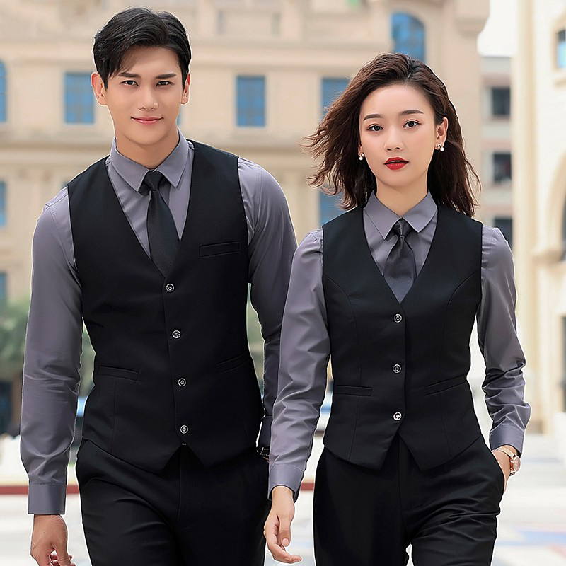 酒吧KTV服务员工作服女长袖酒店前台工装台球马甲套装男定制logo