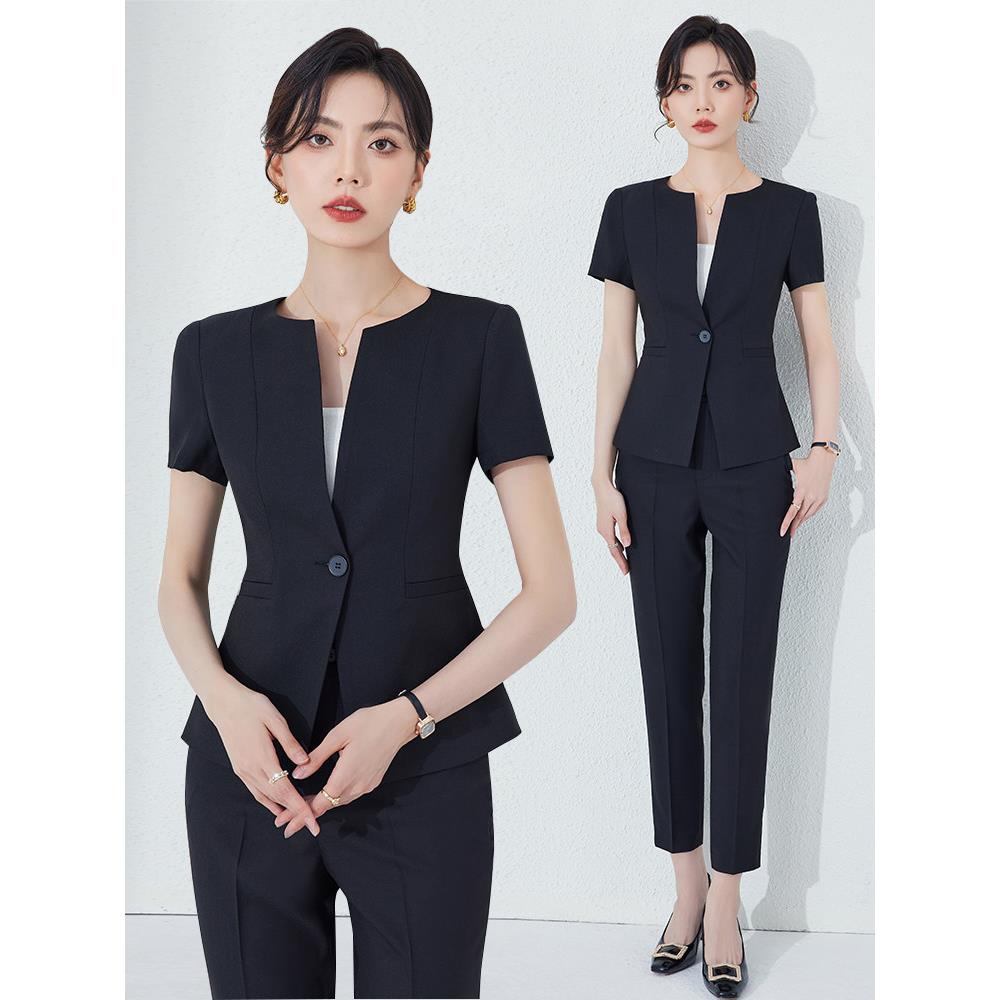黑色西装外套女夏季薄款上班服餐饮酒店经理工装珠宝店工作服套装