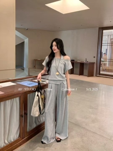 2025夏季新款时尚套装设计感女漏肩短袖上衣+阔腿裤休闲两件套潮