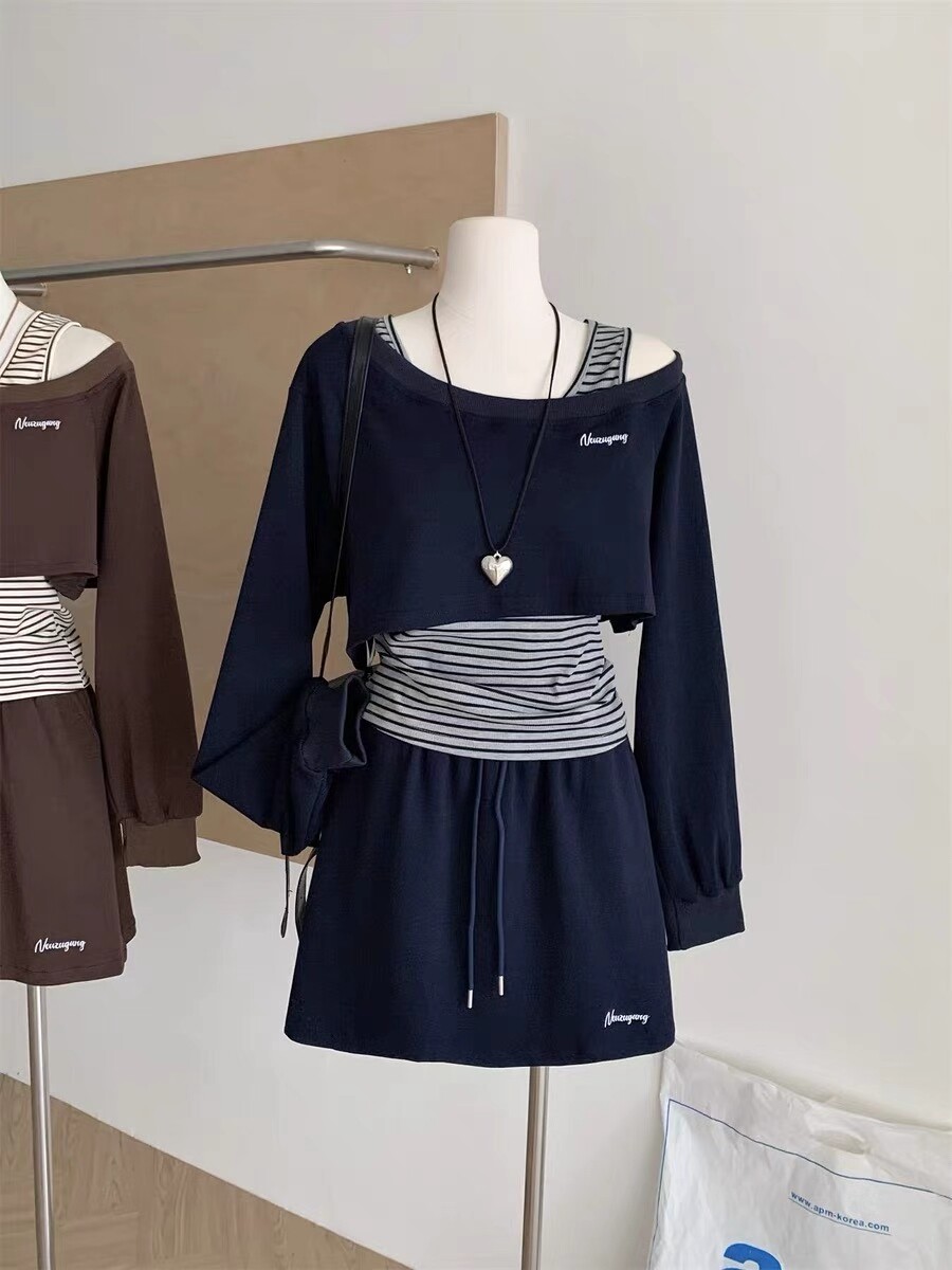 2025春秋新款时尚套装女韩系露肩套衫+条纹背心+短裙气质三件套潮