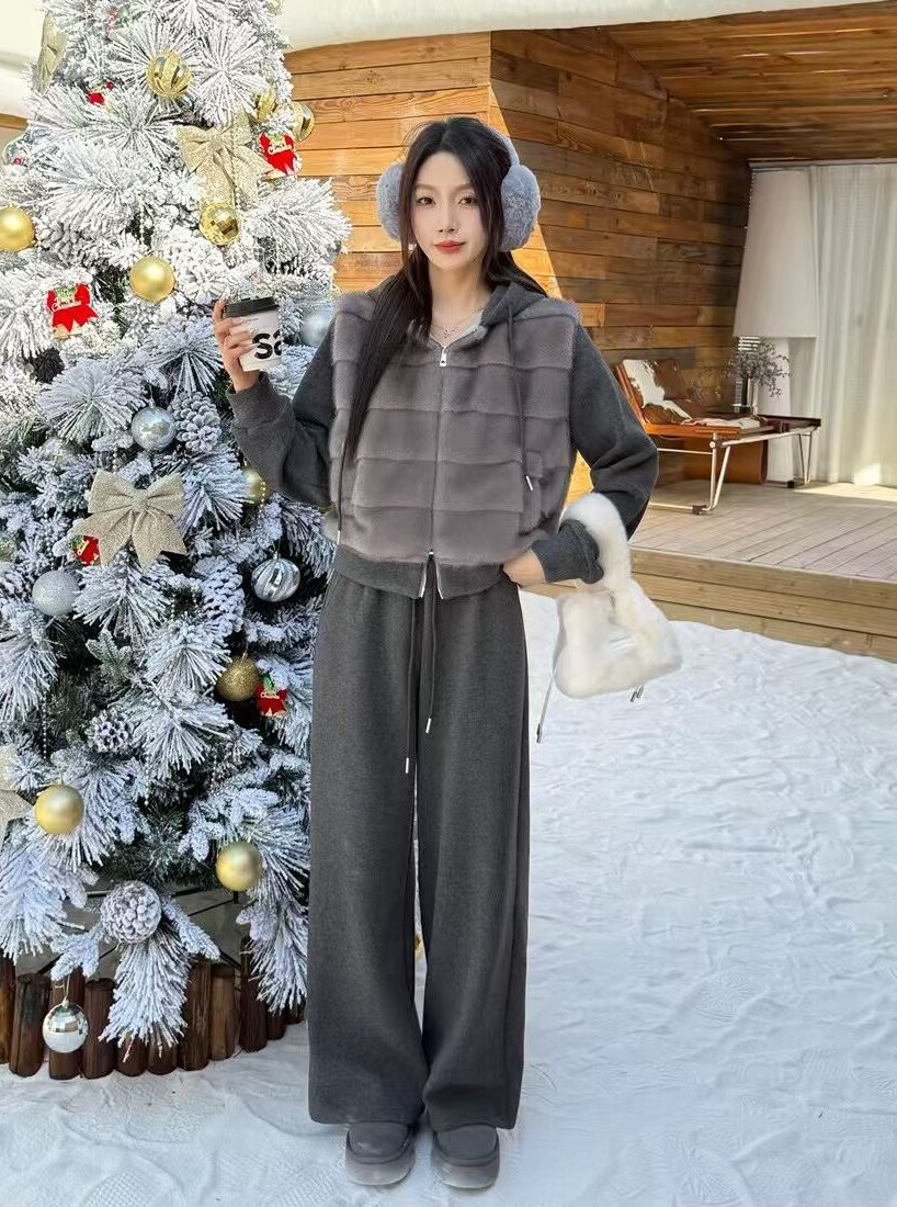 2025秋冬新款加厚套装女毛毛拼接连帽外套+显瘦阔腿裤气质两件套,女装/女士精品,时尚套装,淘宝优惠券,粉丝福利购,淘宝优惠卷