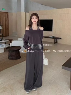 女假两件挂脖一字肩上衣 2025春秋新款 时尚 套装 气质两件套 阔腿裤