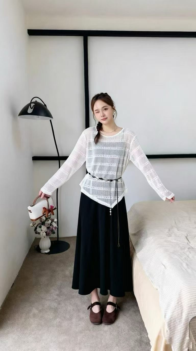 2026早秋新款时尚套装女配腰带镂空长袖罩衫+吊带连衣裙三件套潮