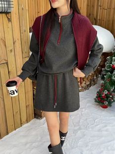 显瘦半身裙休闲三件套 女配披肩半拉链外套 2025秋冬新款 加厚套装