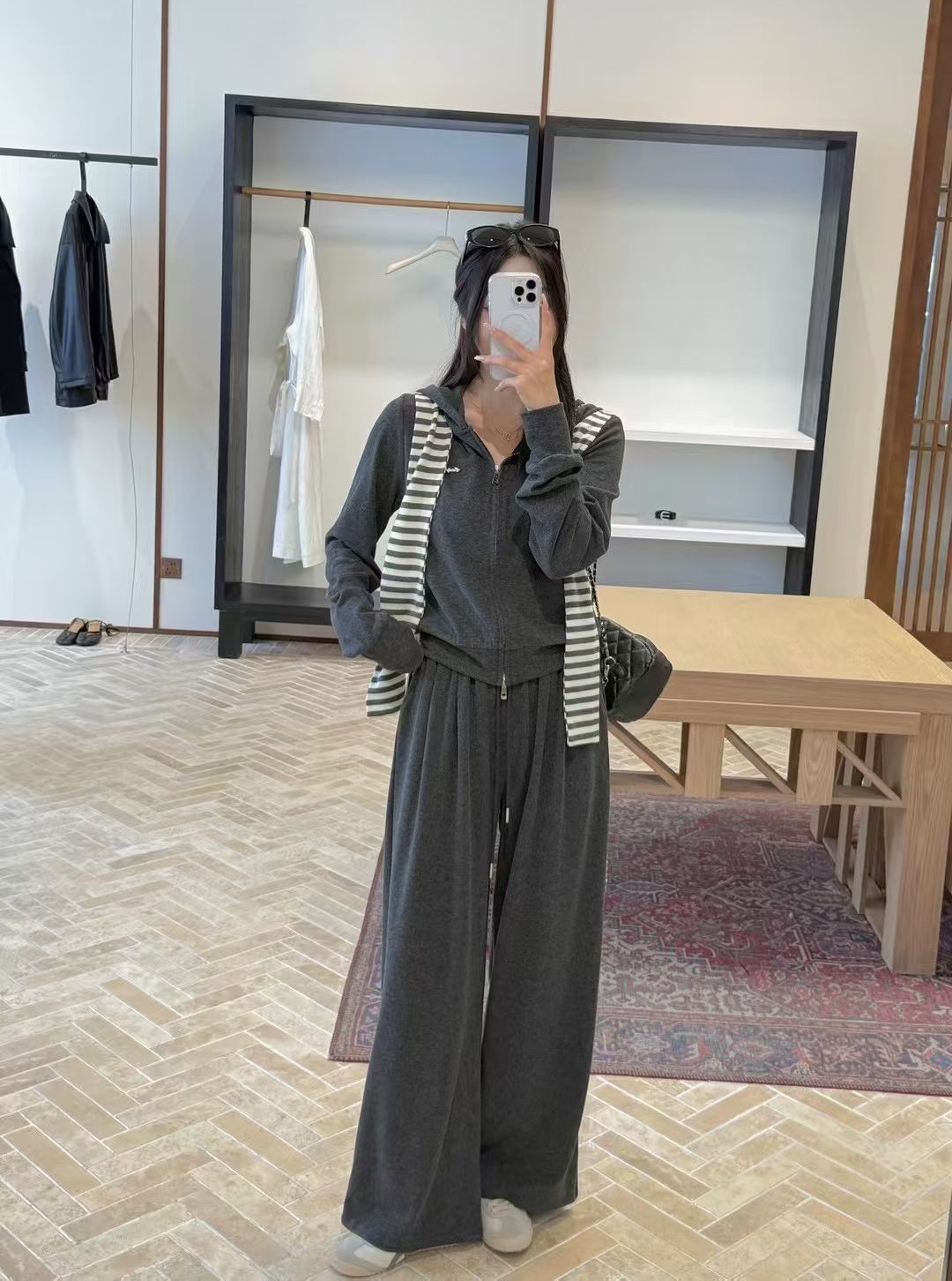 2025秋冬新款加厚套装女条纹披肩韩系连帽外套+阔腿裤休闲三件套