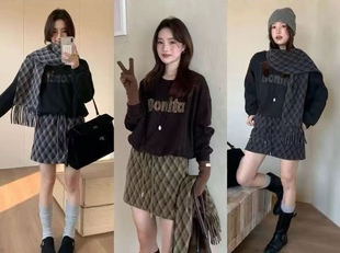 女配围巾字母印花卫衣 套装 显瘦菱格短裙三件套 时尚 2025秋冬新款