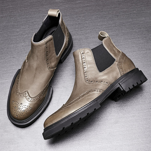 切尔西靴男士 马丁靴 中帮秋冬加绒布洛克雕花皮靴圆头厚底短靴时尚