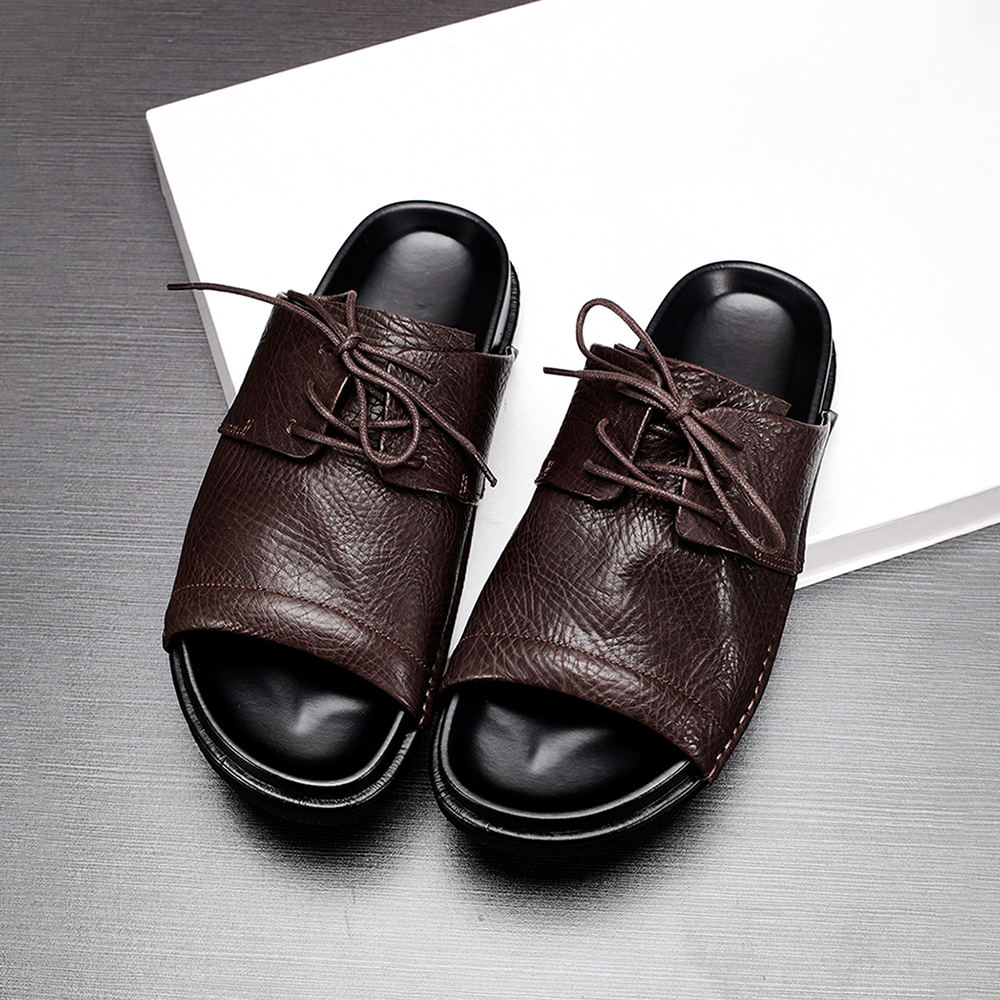 休闲拖鞋男士牛皮透气系带