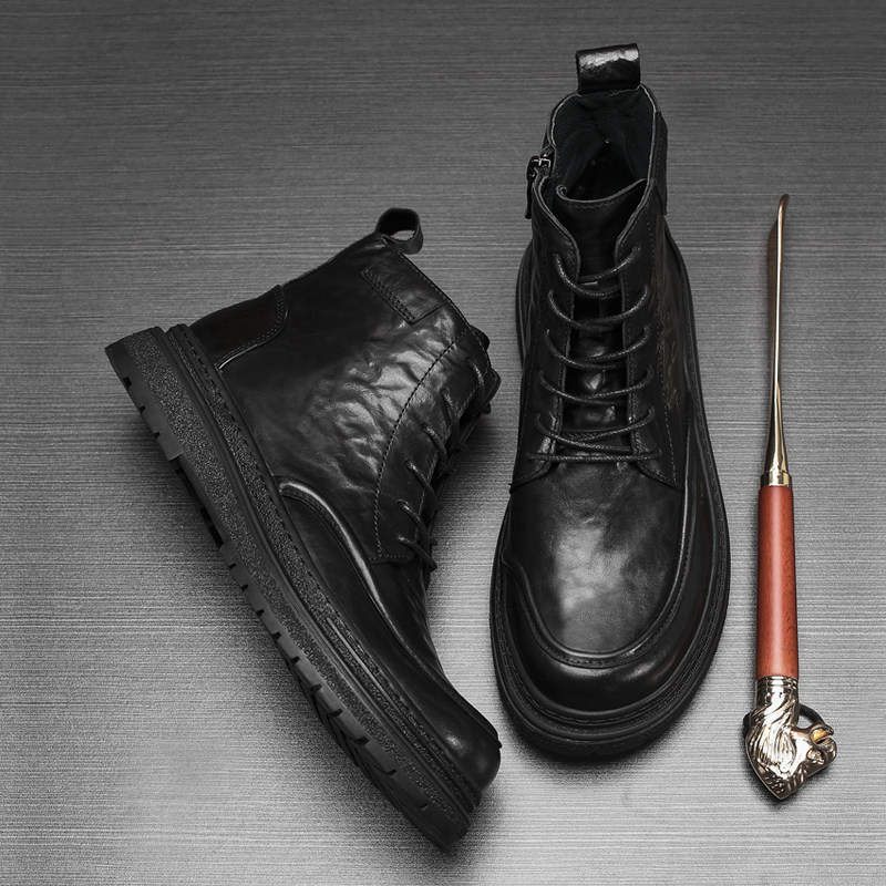 真皮马丁靴男2025秋冬厚底拉链高帮皮靴休闲潮流户外靴子圆头男靴