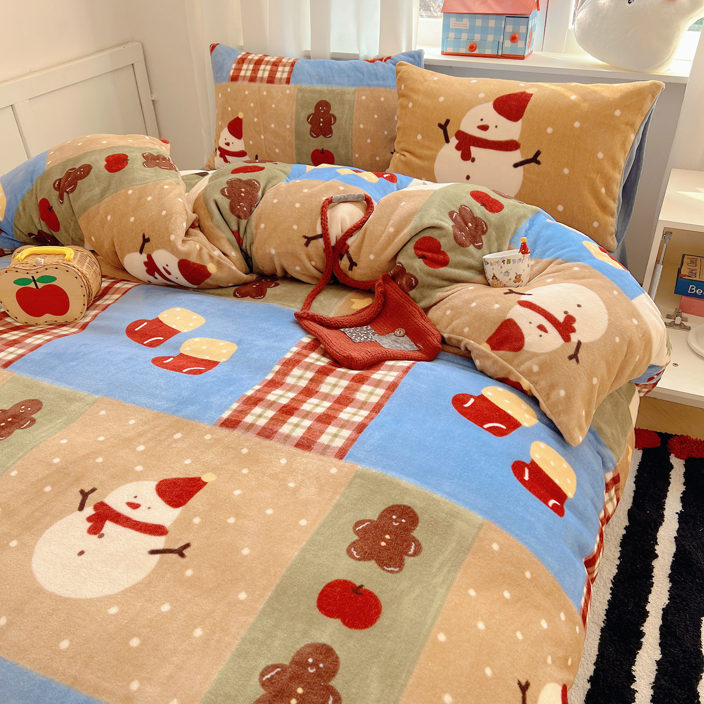 圣诞节新年加厚牛奶绒四件套床单被套卡通珊瑚绒儿童宿舍床三件套