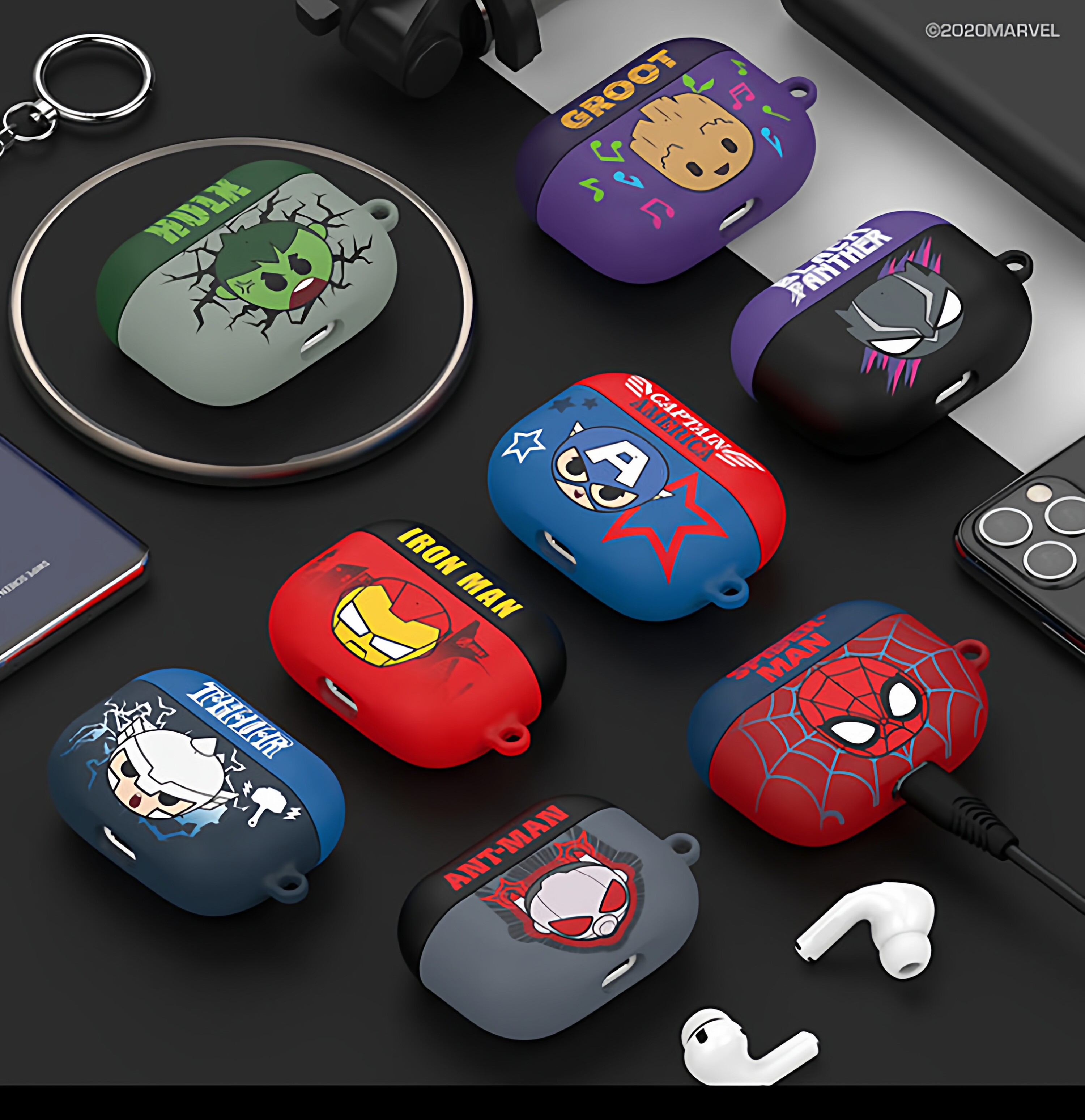 韩国正品marvel漫威蜘蛛侠绿巨人苹果airpods pro3代保护套钢铁侠耳机壳包pro2代硬壳雷神之锤卡通卡通潮壳男
