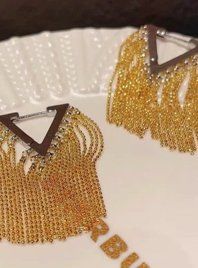 欧美法式夸张三角形金色流苏耳环2023年新款网红气质显脸小耳饰女