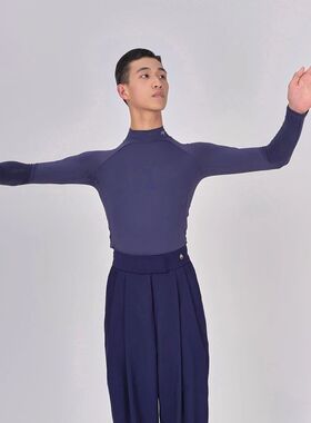 男士摩登舞高领长袖MY009藏蓝色裸感面料弹性专业 建议拍大一码