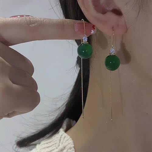 绿色猫眼石球球长款耳线999
