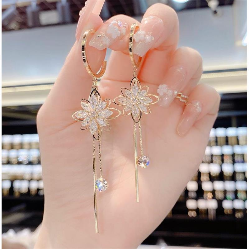 999纯银针气质锆石花朵长款耳环