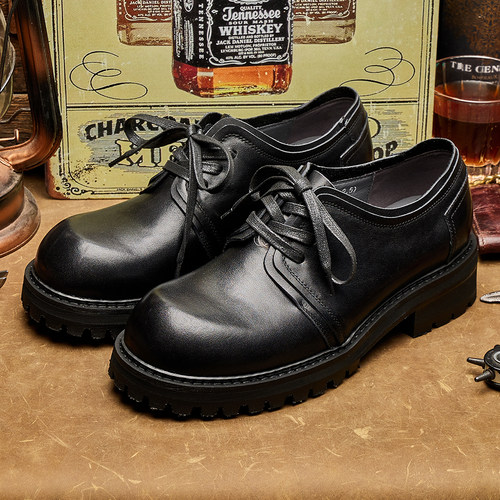 德比休闲皮鞋黑色男士潮厚底时尚秋季百搭真皮英伦风系带低帮E333