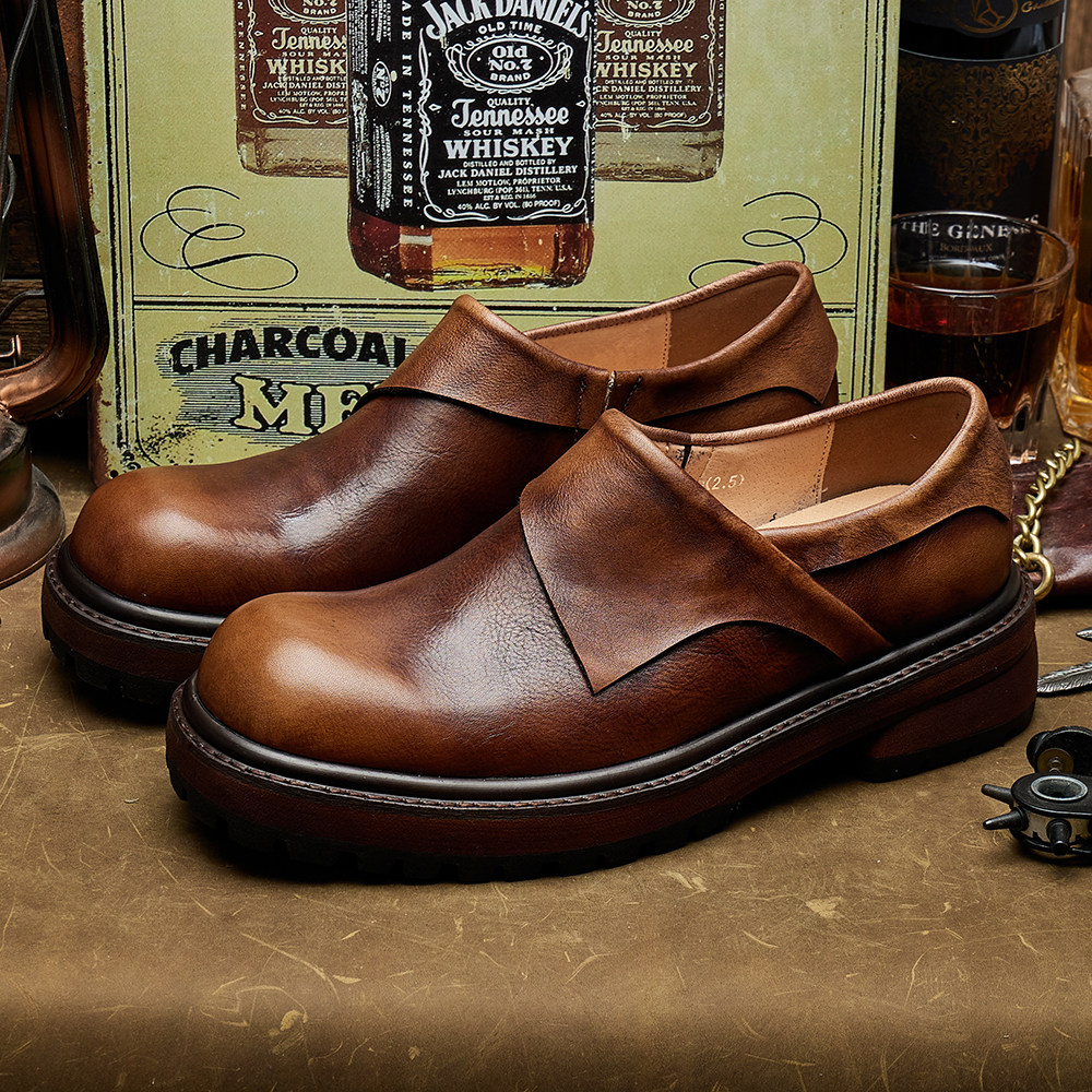 乐福鞋男士圆头厚底套脚德比百搭拼接英伦时尚潮通勤休闲皮鞋E323