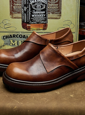 乐福鞋男士圆头厚底套脚德比百搭拼接英伦时尚潮通勤休闲皮鞋E323