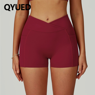 欧美口袋裸感高腰瑜伽短裤交叉腰女紧身瑜伽裤户外跑步骑行运动裤