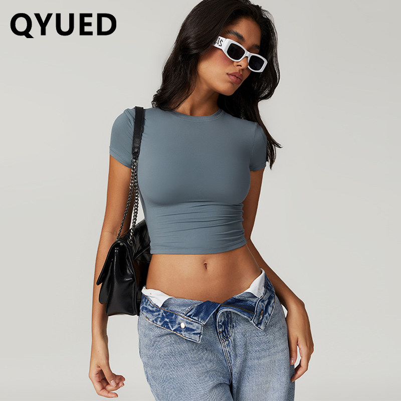 欧美性感紧身速干健身上衣女夏瑜伽服跑步普拉提运动T恤短袖弹力