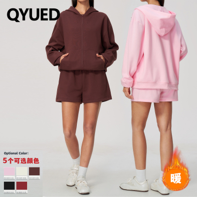冬季女保暖连帽拉链卫衣短裤套装