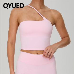 欧美斜单肩美背瑜伽背心女裸感上衣户外跑步运动健身内衣胸垫速干