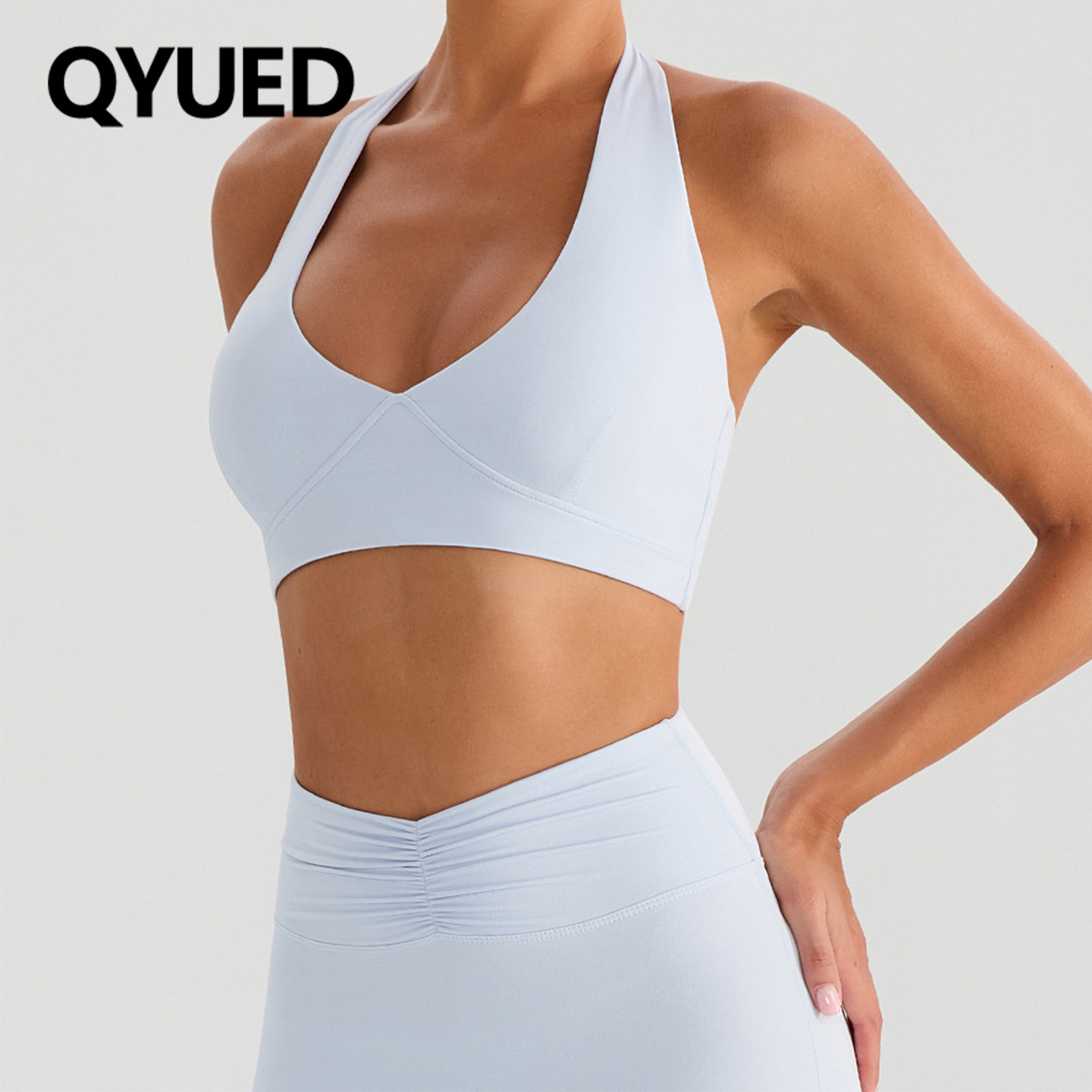 欧美运动挂脖式瑜伽文胸上衣外穿户外跑步防震聚拢含胸垫健身内衣