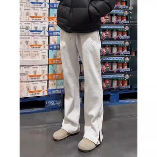白灰色弯刀卫裤男款春夏美式侧边拉链微喇裤子直筒斜切休闲长裤潮