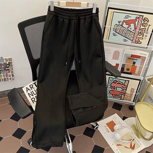 白灰色弯刀卫裤男款春夏美式侧边拉链微喇裤子直筒斜切休闲长裤潮