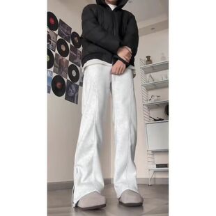 白灰色弯刀卫裤男款春夏美式侧边拉链微喇裤子直筒斜切休闲长裤潮