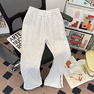 白灰色弯刀卫裤男款春夏美式侧边拉链微喇裤子直筒斜切休闲长裤潮
