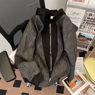 假两件皮衣外套男春季 高街复古皮夹克男 连帽做旧痞帅休闲潮牌美式