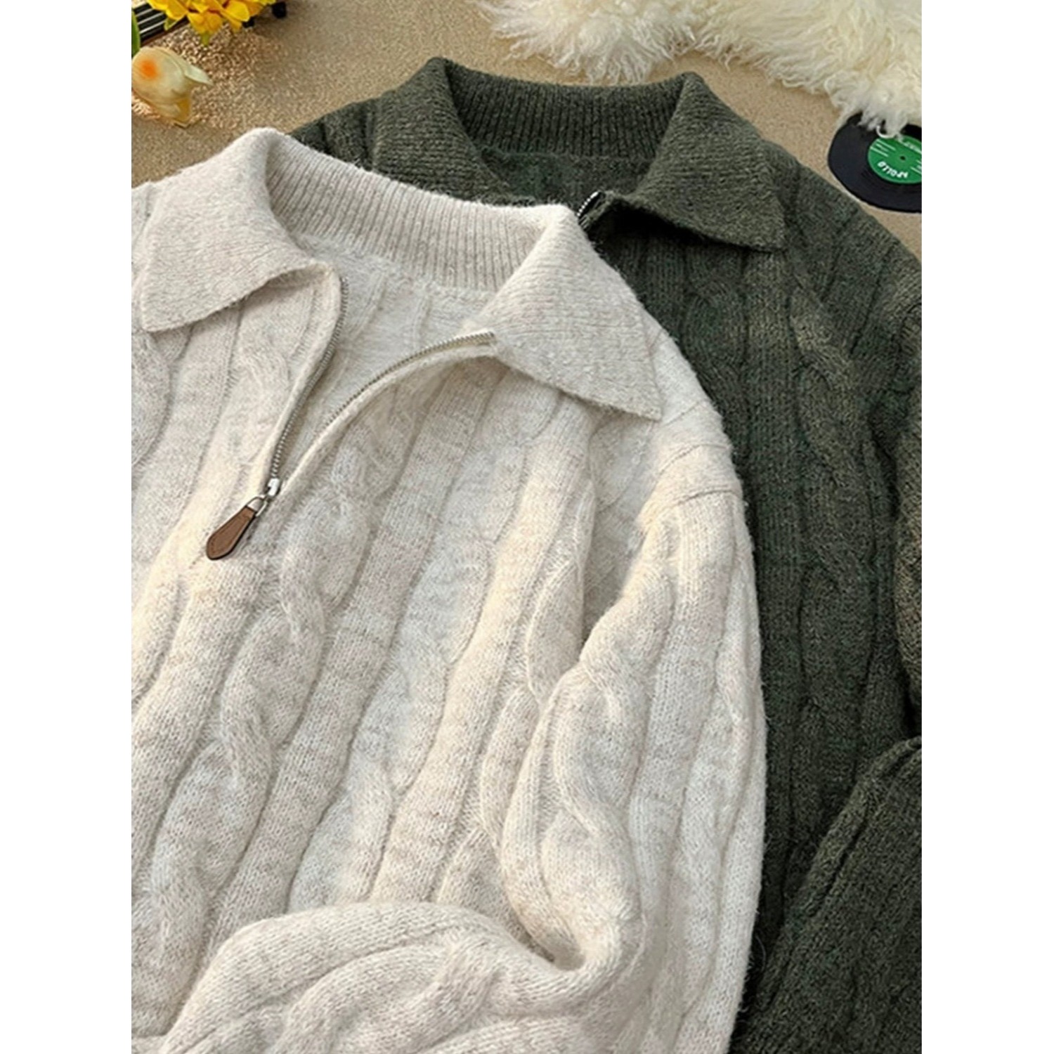 复古麻花半拉链针织衫男秋潮牌慵懒风情侣毛衣美式简约休闲POLO衫