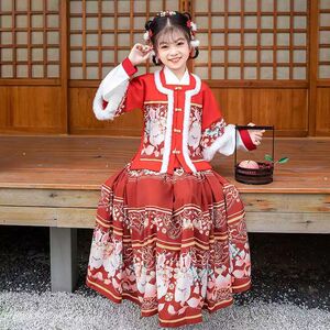 出租儿童明制女冬款加绒加厚汉服兔年汉服租赁全家福拍摄