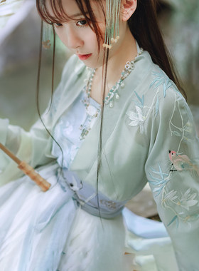 出租绿色齐腰襦裙整套宋制汉服女七夕晚会年会走秀古风清新古装
