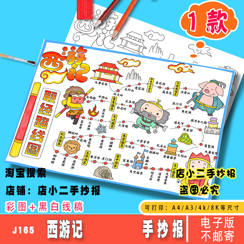 西游记取经路线图思维导图手抄报四大名著好书推荐电子版儿童画a4