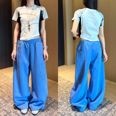 AMER 美式复古超阔腿宽松休闲侧边钉珠设计休闲裤情侣款