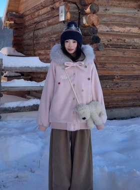 AMER 国潮复古毛呢蝴蝶结设计开衫外套女秋冬连帽棉服