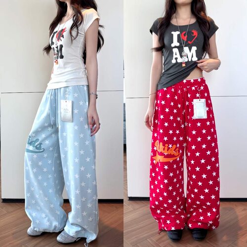 AMER 美式复古星星满印宽松阔腿松紧腰百搭休闲卫裤