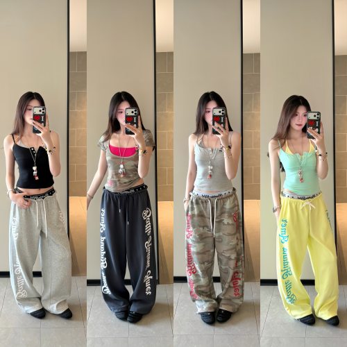 AMER 美式复古风宽松双腰头字母印花休闲阔腿卫裤