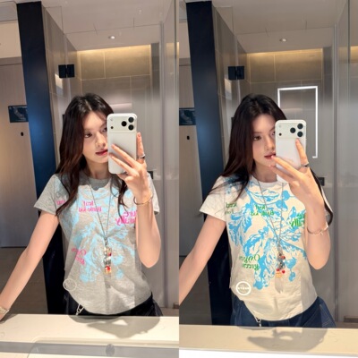 AMER  美式复古花卉竹节纹路正肩微宽松透气夏季T恤