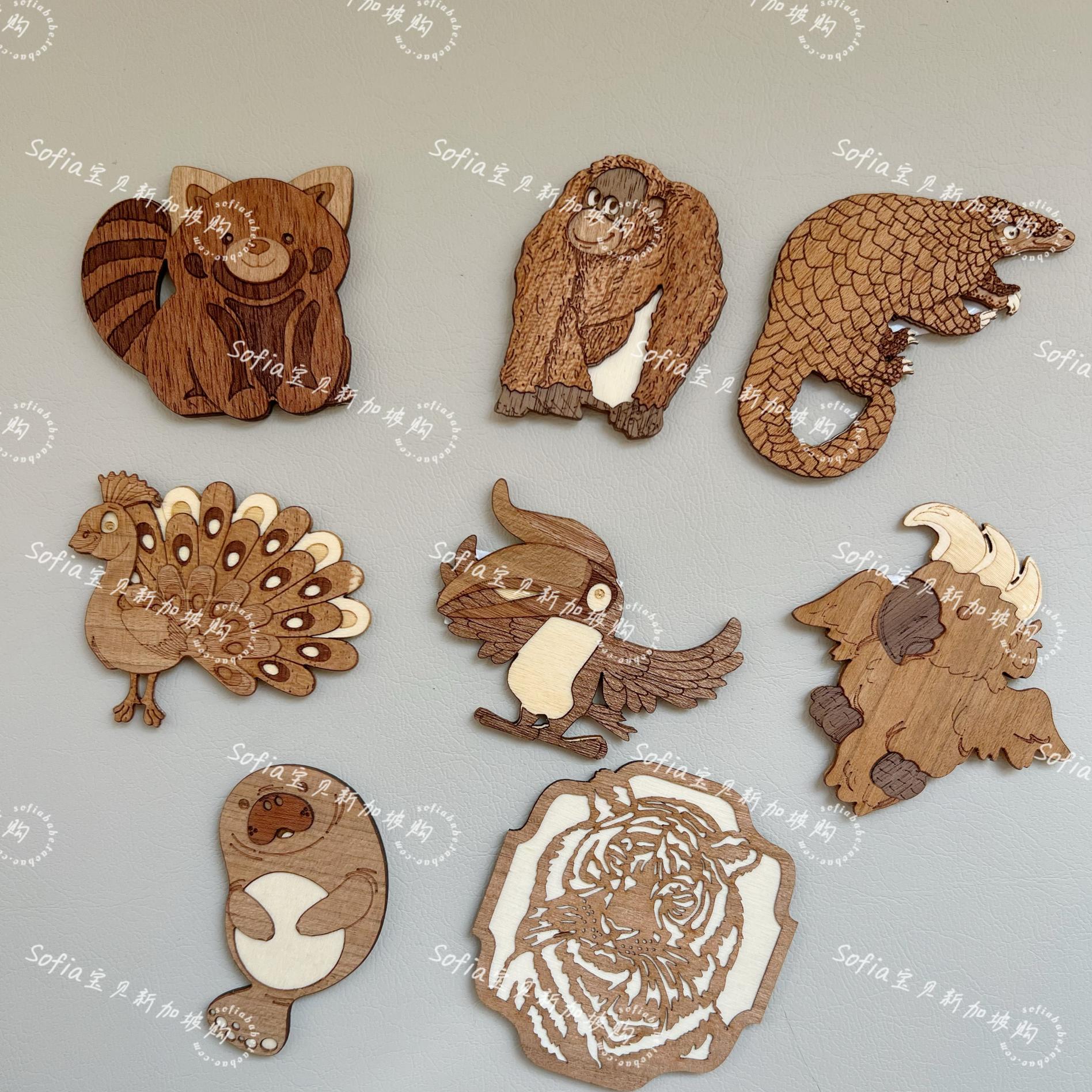 现货新加坡Mandai夜间河川飞禽动物园再循环木制木质动物冰箱贴2