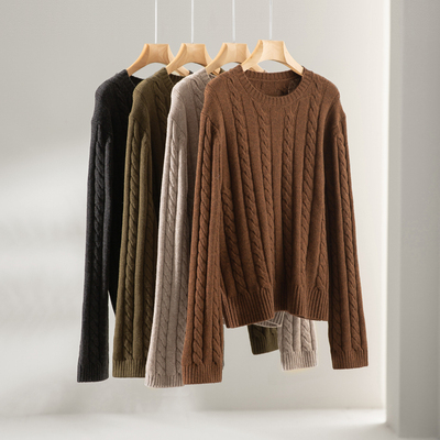 复古文艺绞花羊毛混纺圆领针织衫